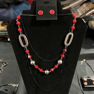 BEADED Necklace Red Earring Set